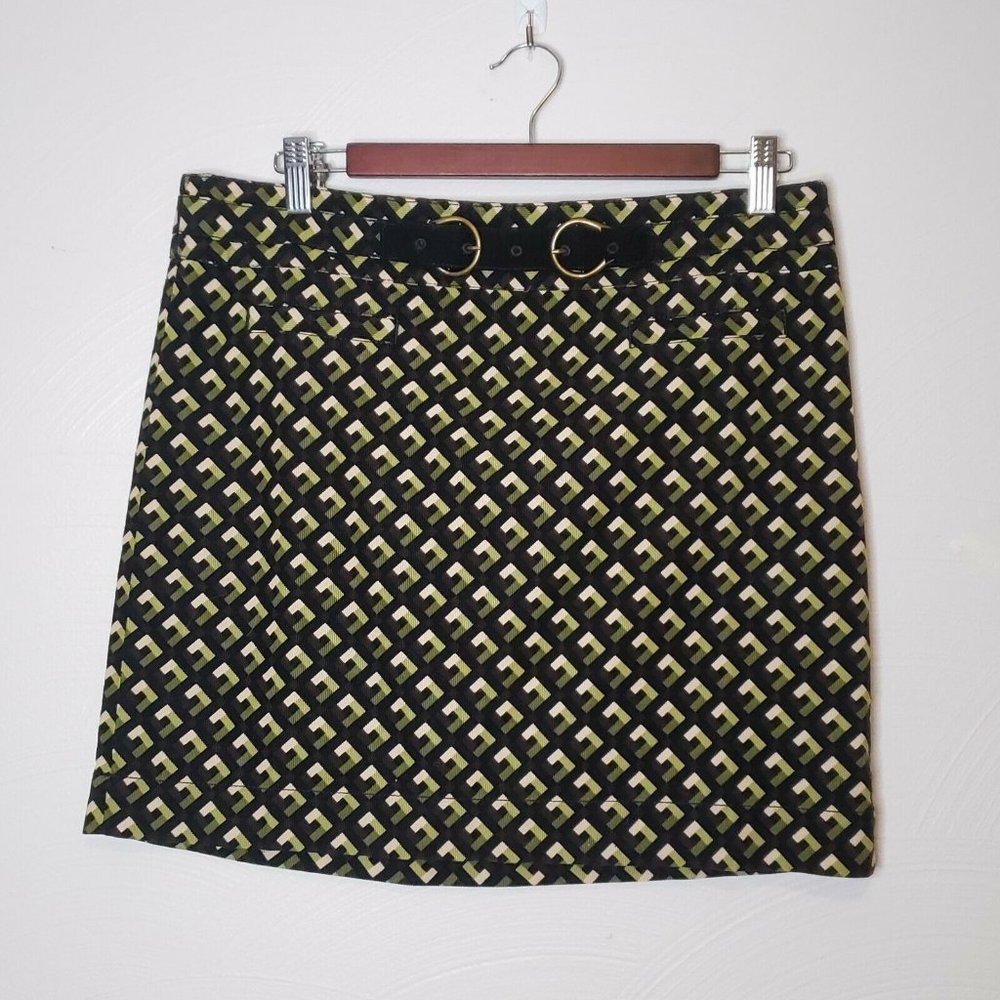 Ann Taylor Loft Black Green Brown White Skirt Sz 8 Geometric Belt Mini Straight